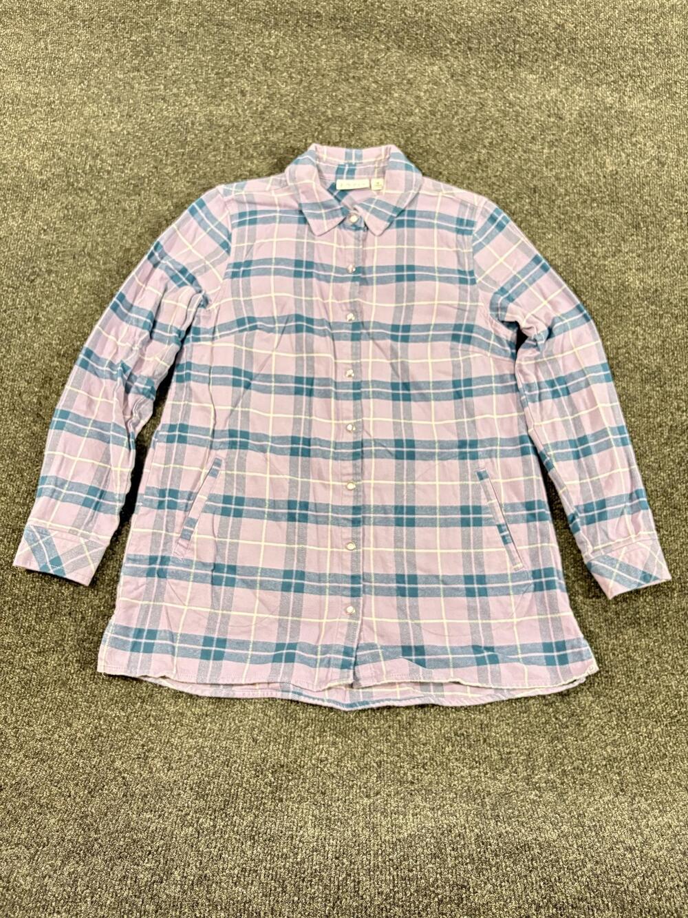Joan Rivers Shirt Womens XS Purple Plaid Button Up Long Sleeve Flannel Tunic Top